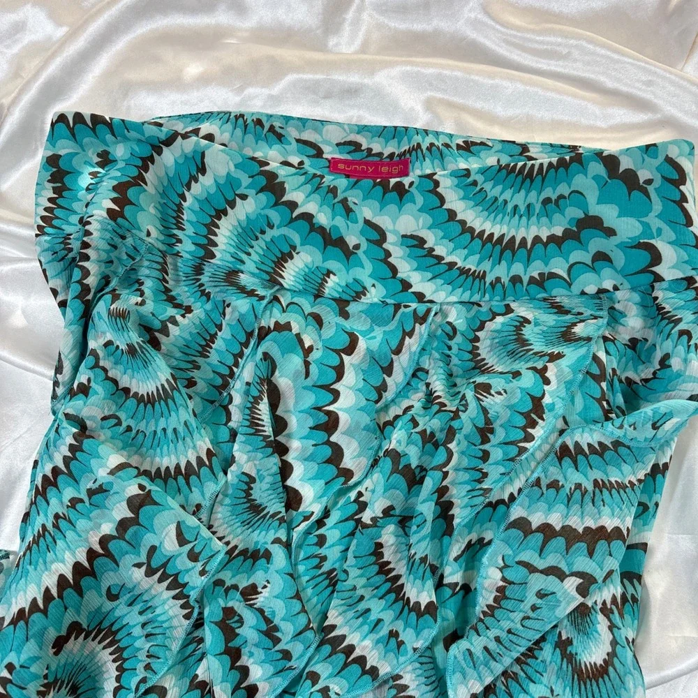 y2k Mini Skirt Teal Excellent Sunny Leigh Ruffled Geometric Fan Print Size 6